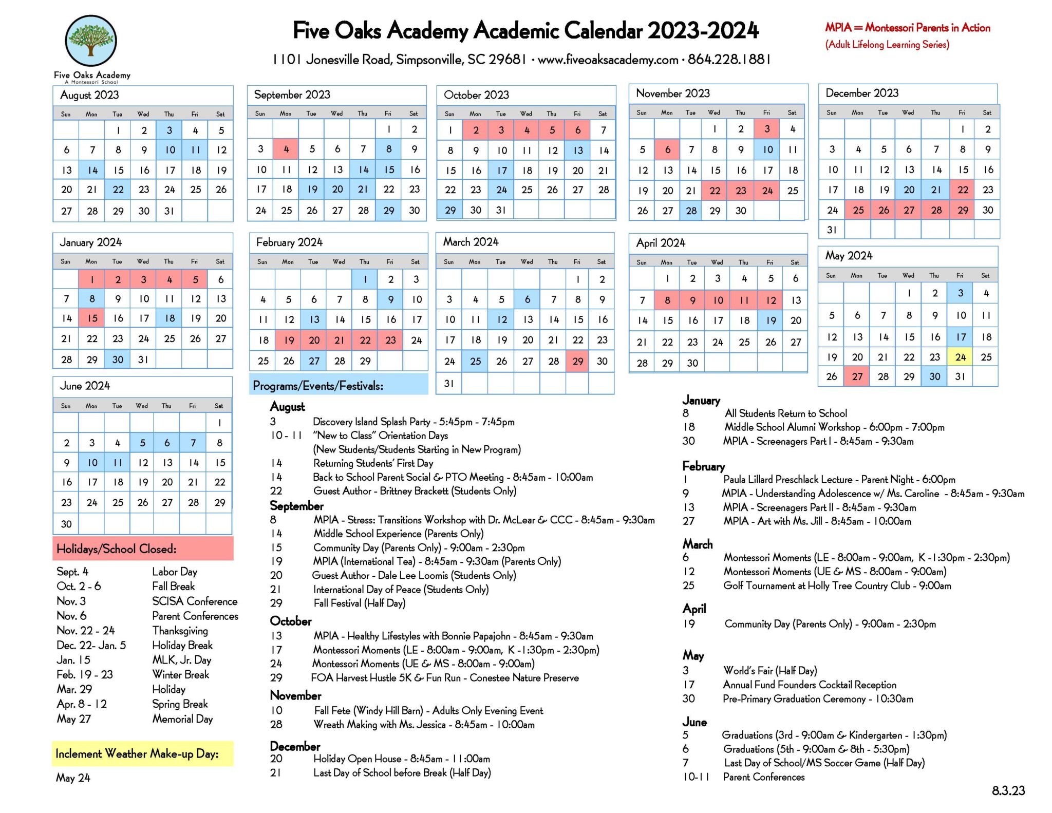 School Calendar Five Oaks Academy Montessori School