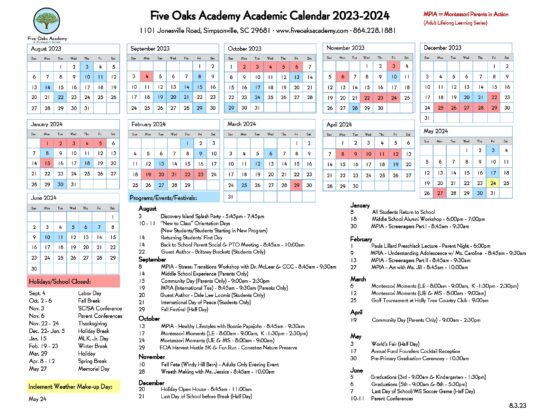 School Calendar :: Five Oaks Academy Montessori School